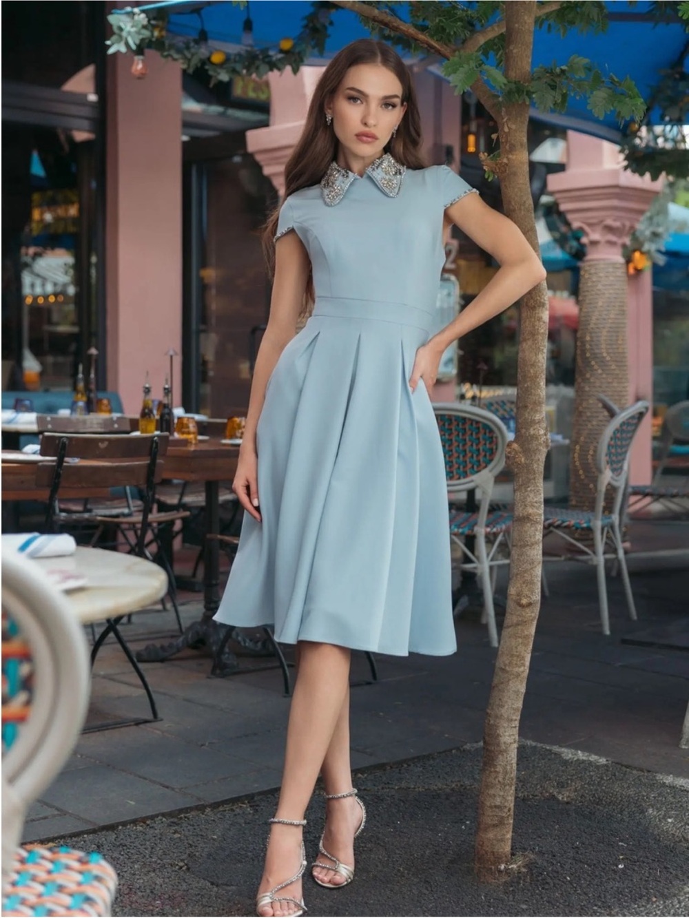 Mac Duggal 2313 Blue Crepe Short Sleeve Midi Dress With Beading sz 6